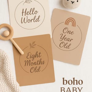 Conjunto de 24 cartões de marcos para bebês Boho - Cartões de marcos mensais e de primeiros anos para impressão, download digital, presente neutro para chá de bebê, lembrança do primeiro ano