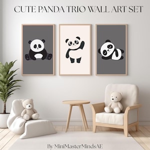 Baby Panda print Trio Wall Art Set, Kids room decor,Minimalist Nursery Decor,Digital prints, Playroom decor, Animal illustrations,Cute Panda