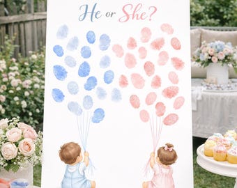 He or She Fingerprint Balloon Gender Reveal Voting Board | Baby Shower Gender Guessing Game Activity | Printable Boy or Girl Baby Party Sign