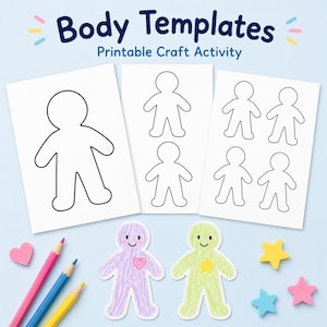 Op de afbeelding: Drie witte vellen papier met zwarte omtrek-lichaamssjablonen en de tekst Body Templates Printable Craft Activity. Daaronder liggen twee ingekleurde papieren figuren, een paarse en een lichtgroene, samen met drie kleurpotloden.