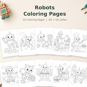 May include: A set of 10 printable colouring pages titled Robots Colouring Pages, featuring black and white line art of various robots in different activities, including gardening, cooking, and playing, formatted for A4 and US Letter paper sizes.