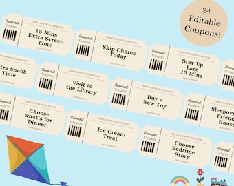 Kids Reward Coupon Set | 24 Editable Printable Coupons | Fun Incentives for Kids, Chores & Good Behavior | Custom Vouchers, Gift for Parents