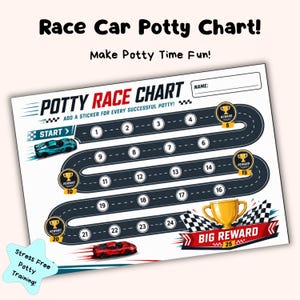 Puede incluir: Un gráfico de entrenamiento para ir al baño con un tema de coches de carreras. El gráfico blanco presenta una carretera sinuosa con números, iconos de recompensa y coches de carreras. El texto incluye "Race Car Potty Chart!"