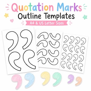 May include: Three white sheets of paper featuring black outline templates of quotation marks in varying sizes, labeled A4 & US Letter Sizes. Below the papers are several individual quotation mark cutouts colored in pink, blue, yellow, green, and orange.