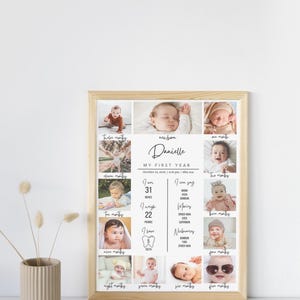 Baby 1. Geburtstag Meilenstein Poster Vorlage | Bearbeitbare erste Geburtstags-Fotocollage | Minimalistisches Meilensteinschild für das erste Jahr | Ästhetische Tafel