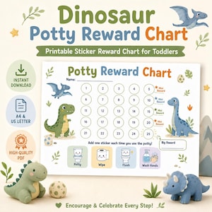Könnte beinhalten: Ein druckbares Töpfchen-Belohnungsdiagramm im Dinosaurier-Design für Kleinkinder. Das Diagramm zeigt ein Raster mit Zahlen, Dinosaurier-Illustrationen und Symbolen für Töpfchen, Abwischen, Spülen und Händewaschen. Mit dem Text "Potty Reward Chart".