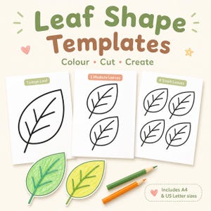 May include: Leaf Shape Templates with the text Colour, Cut, Create. Three white sheets show black outlines of one large leaf, two medium leaves, and four small leaves. Two colored-in leaf cutouts and two colored pencils are included below.