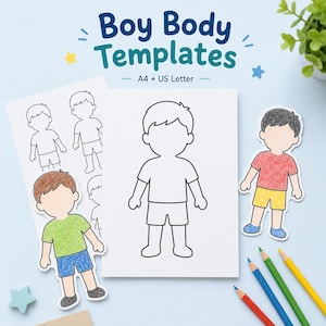 Boy Body Templates Printable | Blank Boy Body Outline Cut Out Classroom Craft Decor | Kids Coloring Activity, All About Me Worksheet Stencil