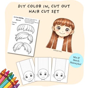 Pode incluir: Um conjunto de corte de cabelo DIY com o texto "DIY COLOR IN, CUT OUT HAIR CUT SET". O conjunto inclui páginas para colorir com diferentes penteados e uma ilustração de exemplo. Os lápis de cor são visíveis no canto inferior esquerdo. O texto "Mix & Match Hairstyles!" também é visível.