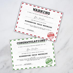 May include: Two cards, one with a red border and the word "WARNING", the other with a green border and "CONGRATULATIONS". Both cards state "MISBEHAVING CHILD WATCHLIST" and are signed "Ben Parker". The warning card has a red "WARNING" stamp.