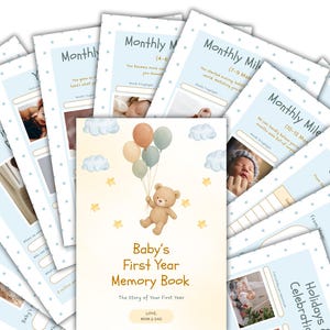 Op de afbeelding: Een herinneringsboek voor de eerste verjaardag van een baby met pagina's voor mijlpalen, foto's en brieven. De omslag toont een teddybeer met ballonnen. Pagina's met een lichtblauwe stippenrand en tekst.