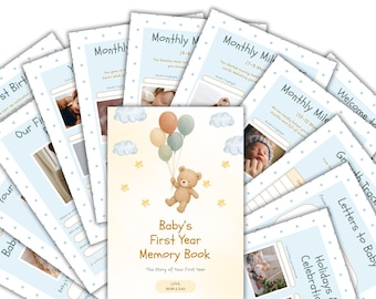 Livro de Memórias Baby Blue | Diário do Primeiro Ano do Bebê | História da Cápsula do Tempo do Bebê | Lembrança Editável para Novos Pais | Caderno de Memórias da Infância