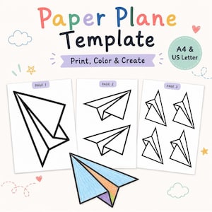 Paper Plane Template for Kids | Printable Paper Airplane Shape Coloring Page, Cut Out Craft, Classroom Activity, Fun Aerial Flight Decor PDF