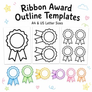 May include: Ribbon Award Outline Templates A4 & US Letter Sizes. A collection of black and white line art ribbon award graphics, including single, double, and quadruple layouts, plus six coloured versions in blue, green, yellow, purple, pink, and orange.