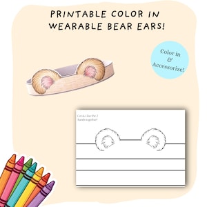 Bear Ears Coloring Cut Out Craft | Kids Cut Paste Crown | Printable DIY Paper Wearable Panda, Grizzly Bear Costume Ears | Childrens Template