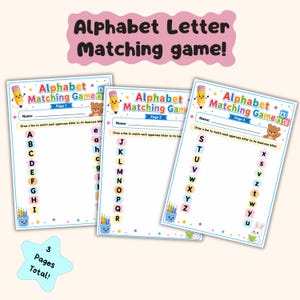 Puede incluir: Juego de emparejar letras del alfabeto de tres páginas con ilustraciones coloridas. Cada página presenta letras mayúsculas y minúsculas, con espacio para un nombre. El título dice "Alphabet Letter Matching game!" y tiene un gráfico en forma de estrella.