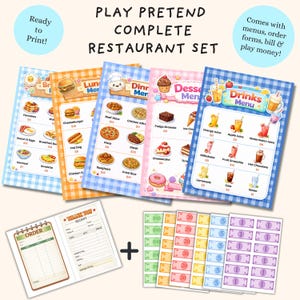 May include: A complete play restaurant set with menus, order forms, play money, and a receipt book. The menus feature breakfast, lunch, dinner, dessert, and drinks. The menus have a blue gingham pattern.