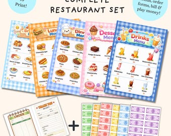 Play Restaurant Set for Kids | Pretend Food Menu, Order Form, Check, Play Money Printable Kit | Kitchen, Classroom Activity, Kid Crafts Game