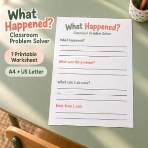 ¿Qué pasó? Hoja de trabajo para resolver problemas en el aula / Reflexión sobre la resolución de conflictos para niños / Pensando en los próximos pasos / PDF en formato A4 y Carta estadounidense
