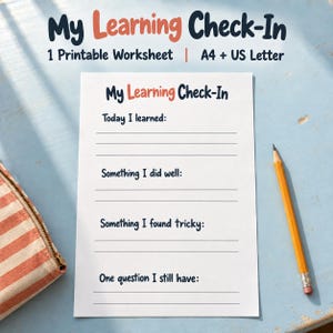 Könnte beinhalten: Ein weißes, druckbares Arbeitsblatt mit dem Titel My Learning Check-In, das Aufforderungen für Today I learned, Something I did well, Something I found tricky und One question I still have enthält, mit schwarzem Text und Linien auf blauem Grund.