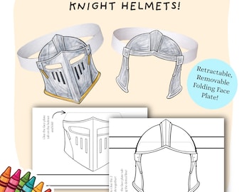 Knight Helmet Coloring Cut Out Craft | Kids Play Pretend Crowns | Printable DIY Paper Medieval Armor | 2 in 1 Helmet Retractable Face Plate