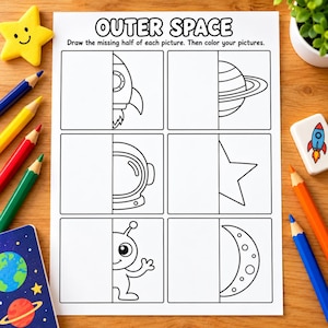 May include: An Outer Space activity worksheet featuring six boxes with half-drawn illustrations of a rocket, planet, astronaut helmet, star, alien, and crescent moon, with the text: Outer Space. Draw the missing half of each picture.