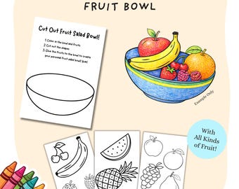 Puede incluir: Un juego de actividades de colorear y recortar con un diseño de frutero. Incluye una ilustración de ejemplo de frutero, dibujos de contorno de frutas e instrucciones. El texto dice: "DIY COLOR IN, CUT OUT FRUIT BOWL".