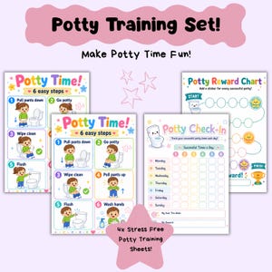 Könnte beinhalten: Ein Töpfchentrainings-Set mit farbenfrohen Diagrammen und Anleitungen. Das Set enthält eine "Potty Time!"-Anleitung mit sechs Schritten, eine Belohnungstabelle und ein Check-in-Blatt zur Fortschrittsverfolgung. Der Text "Make Potty Time Fun!" wird angezeigt.