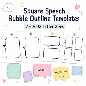 May include: Square speech bubble outline templates in A4 and US Letter sizes. The image displays four pages labelled A, B, C, and D with black-outlined rectangular bubbles. Below are coloured, hand-drawn style speech bubbles with text hello and my name is.