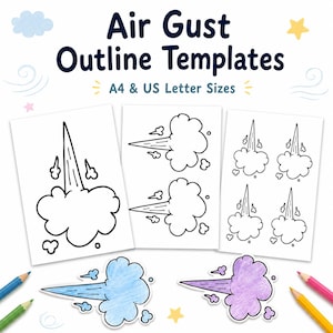 May include: Air Gust Outline Templates with A4 & US Letter Sizes text. Three white sheets display black line art of gusting clouds. Two cut-out shapes are colored in blue and purple. Four colored pencils in blue, green, pink, and yellow are visible.