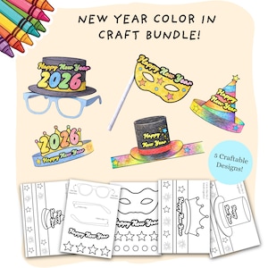 以下が含まれることがあります： 「Happy New Year」と「2026」の文字が入った帽子、メガネ、マスクなど、新年のテーマのデザインが施されたクラフトバンドル。画像にはクレヨンと「New Year Color in Craft Bundle!」と「5 Craftable Designs!」の文字も含まれています。