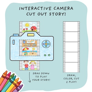 Könnte beinhalten: Eine hellblaue, illustrierte Kamera mit Filmstreifen, die ein Haus, Kunstzubehör und eine Strandszene zeigen. Der Text lautet "INTERACTIVE CAMERA CUT OUT STORY!" und "DRAG DOWN TO PLAY YOUR STORY!" und "DRAW, COLOR, CUT & PLAY!" Ein Satz Buntstifte befindet sich in der Ecke.