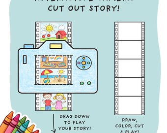 May include: A light blue illustrated camera with film strips showing a house, art supplies, and a beach scene. The text reads "INTERACTIVE CAMERA CUT OUT STORY!" and "DRAG DOWN TO PLAY YOUR STORY!" and "DRAW, COLOR, CUT & PLAY!" A set of crayons is in the corner.