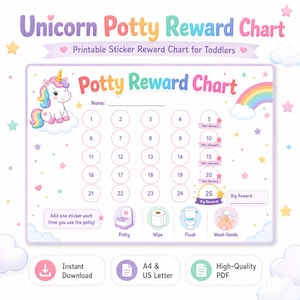 May include: A printable, colorful potty reward chart for toddlers, featuring a unicorn, rainbow, and stars. The chart includes spaces for stickers, a name line, and icons for potty, wipe, flush, and wash hands. Text reads "Unicorn Potty Reward Chart".