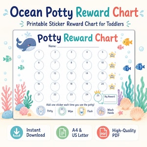 Könnte beinhalten: Ein druckbares "Ocean Potty Reward Chart" für Kleinkinder. Das Diagramm zeigt ein Unterwassermotiv mit Walen und Fischen. Es enthält Felder für Aufkleber und Aufforderungen für Toilettengänge, Abwischen, Spülen und Händewaschen. Sofortiger Download verfügbar.