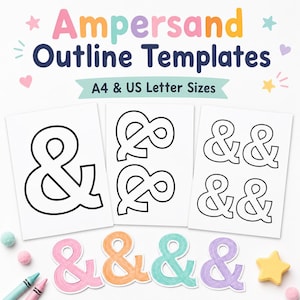 Könnte beinhalten: Ein Set von Ampersand-Umrissvorlagen mit dem Text Ampersand Outline Templates A4 & US Letter Sizes. Das Bild zeigt drei weiße Blätter mit schwarzen Ampersand-Umrissen und vier ausgemalte Ampersand-Ausschnitte im unteren Bereich.
