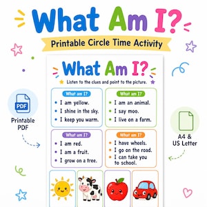 Puede incluir: Una hoja de actividades imprimible titulada What Am I? con cuatro cuadros coloridos que contienen pistas e ilustraciones de un sol, una vaca, una manzana y un coche. El documento incluye texto para las pistas e indica los formatos PDF, A4 y US Letter.