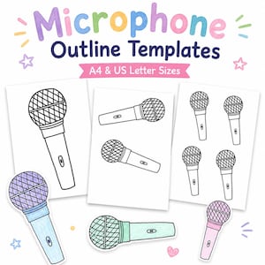 Puede incluir: Microphone Outline Templates A4 & US Letter Sizes. Una colección de dibujos de líneas en blanco y negro de micrófonos, que incluye diseños individuales grandes, medianos y pequeños, además de ejemplos coloreados en tonos morado, turquesa y rosa.