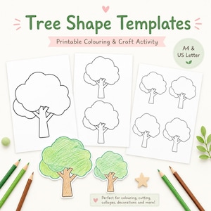 May include: Tree Shape Templates printable coloring and craft activity sheets featuring outlines of trees in various sizes. Includes A4 and US Letter formats. Two cut-out tree shapes are colored in green and brown, accompanied by colored pencils.