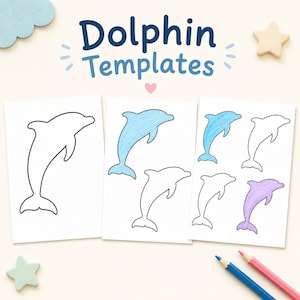Op de afbeelding: Drie vellen wit papier met dolfijnensjablonen en de tekst Dolphin Templates bovenaan. De vellen tonen diverse dolfijncontouren, sommige ingekleurd in lichtblauw of paars, samen met twee kleurpotloden en stervormige decoraties.