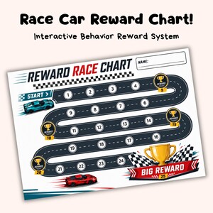 Puede incluir: Un gráfico de recompensas blanco con un tema de coches de carreras. El gráfico presenta una carretera sinuosa con números, un coche de carreras azul, un coche de carreras rojo e iconos de trofeos. El texto incluye "Race Car Reward Chart!" y "Big Reward".