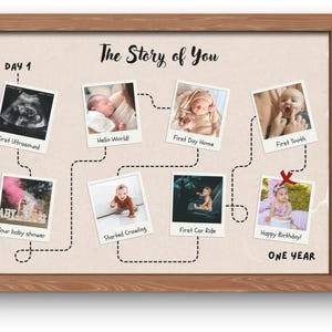 Peut inclure: Un cadre en bois avec l'inscription "The Story of You" et une série de photos de bébé. Les photos incluent "First Ultrasound", "Hello World!", "First Day Home", "First Tooth", "Your baby shower", "Started Crawling", "First Car Ride", et "Happy Birthday!"