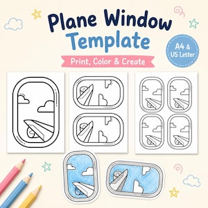 May include: A printable Plane Window Template featuring black and white line art of aeroplane windows with wings and clouds. The set includes A4 and US Letter size options, with additional coloured-in examples and three coloured pencils.