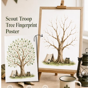 May include: A watercolor-style tree fingerprint poster with a camping theme. The poster features a tree with a tent and a campfire. The words "Scout Troop Tree Fingerprint Poster" are at the top. A mug with a fleur-de-lis design is also visible.
