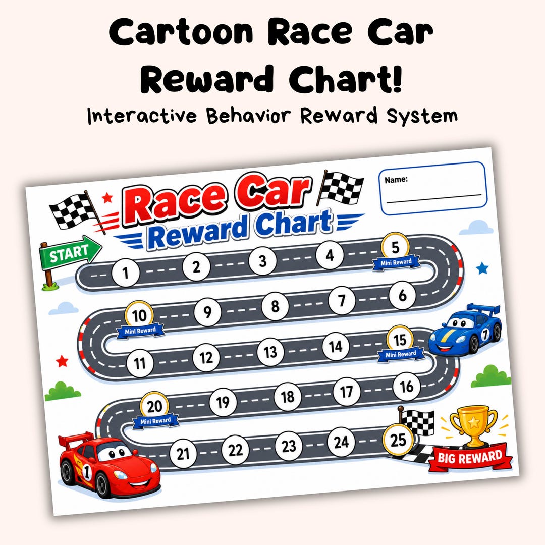 Race Car Cartoon Reward Chart | Fun Toddler Training Goal Chart | Kids ...
