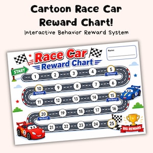 Puede incluir: Un colorido "Race Car Reward Chart" con un diseño de circuito de carreras. El gráfico presenta una línea de salida y llegada, espacios numerados y coches de carreras de dibujos animados. El texto incluye "Interactive Behavior Reward System".