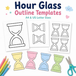 Può includere: Modelli di contorno di clessidre in formato A4 e US Letter. Tre fogli bianchi presentano disegni a linee nere di clessidre di varie dimensioni. Sotto ci sono quattro forme di clessidra ritagliate in giallo, rosa, blu e verde, con matite colorate e forbici.
