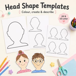 May include: Head Shape Templates printable sheets with black outlines of human heads. Includes two colored-in examples: one with a brown bun and pink shirt, and one with brown hair and blue glasses. Text reads Head Shape Templates, Colour, create & describe, and A4 & US Letter.