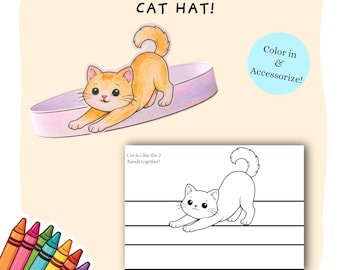 Cat Hat Coloring Cut Out Craft | Kids Play Pretend Crowns | Printable DIY Paper Stretching Kitten Crown Hats | Children Creative Printables