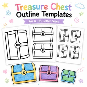May include: Treasure Chest Outline Templates with A4 & US Letter Sizes. The image displays printable sheets featuring black and white line art of treasure chests in various sizes, alongside three colored examples in blue, purple, and green.